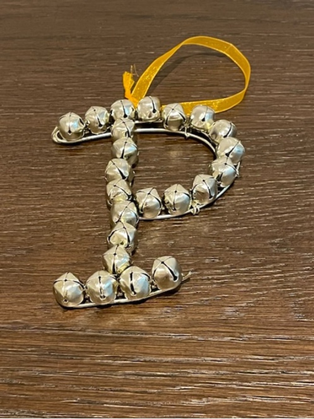 Jingle Bell Letter 'P' Ornament with Yellow Ribbon